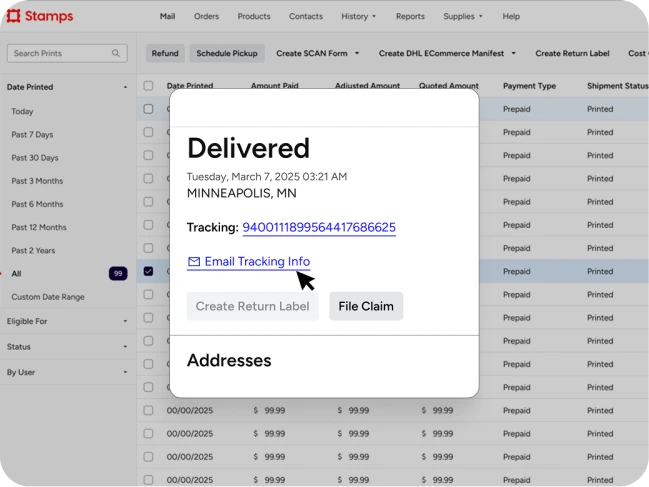 Delivered status in Stamps.com UI